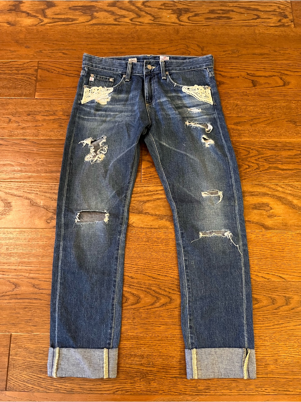 Ag Adriano Goldschmied Piper Distressed Dark Cropped Jeans With Lace Insets
